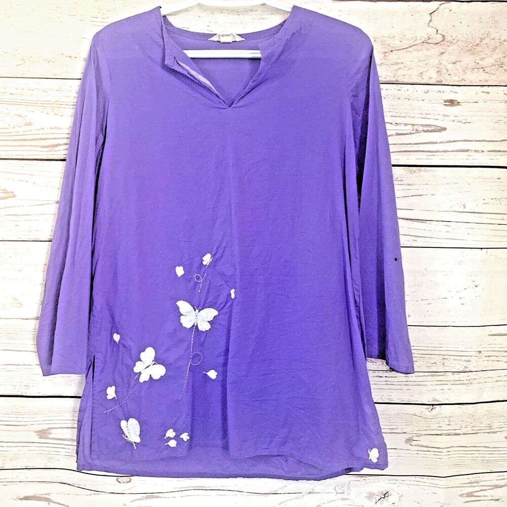 Lands' End GIRL's M (10/12) Purple Pullover Tunic Top Boho White Butterflies